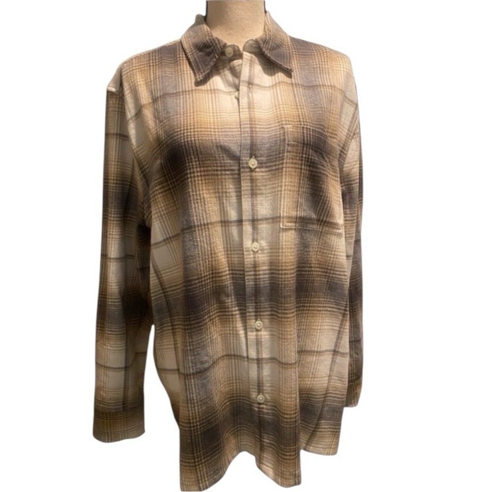 Madewell Men’s Flannel Button Down Plaid Shirt Brown Tan New medium - Picture 2 of 10